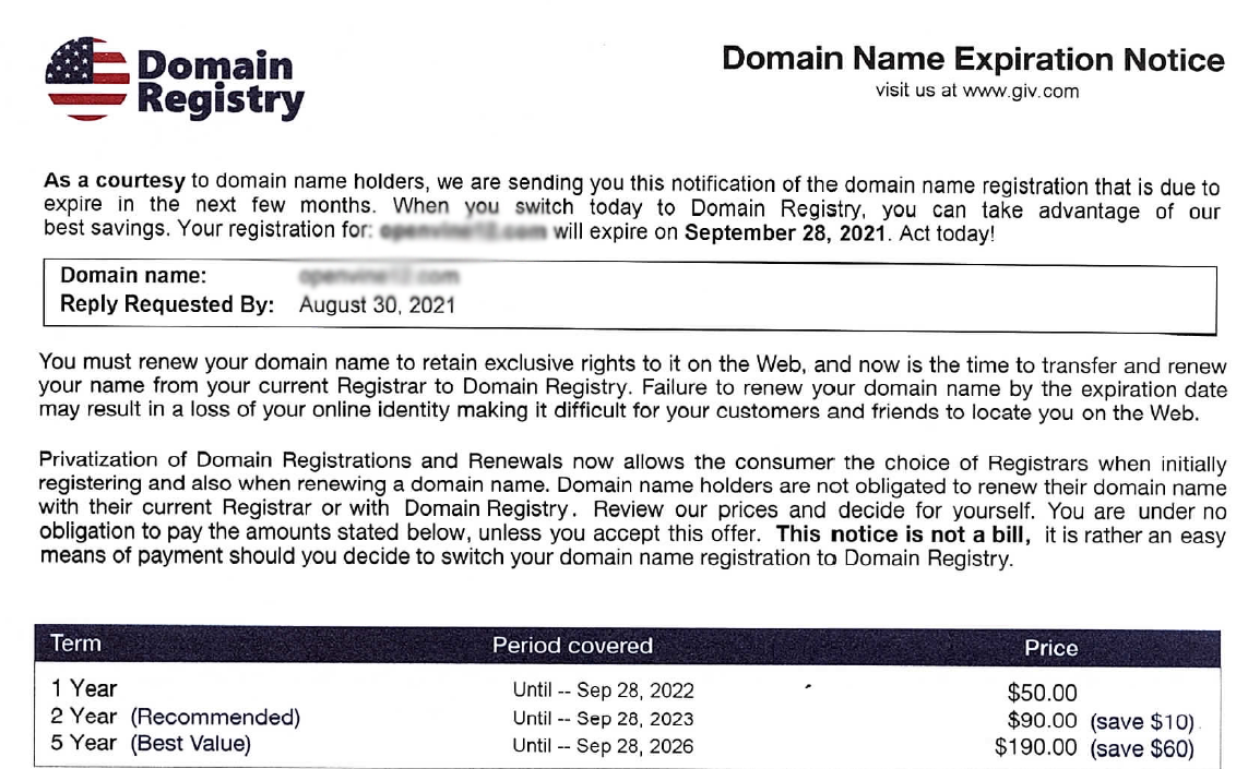 domain registration scam